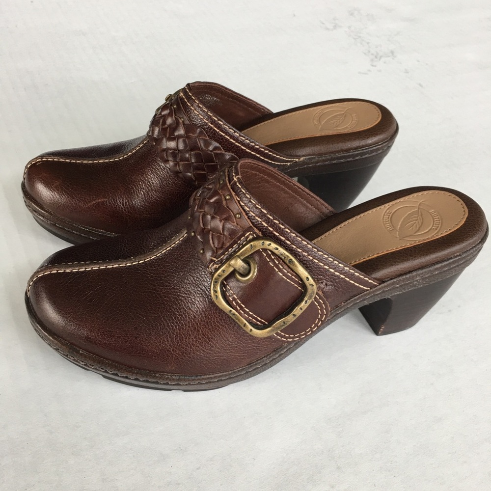 Nurture brown braided leather buckle heeled clogs